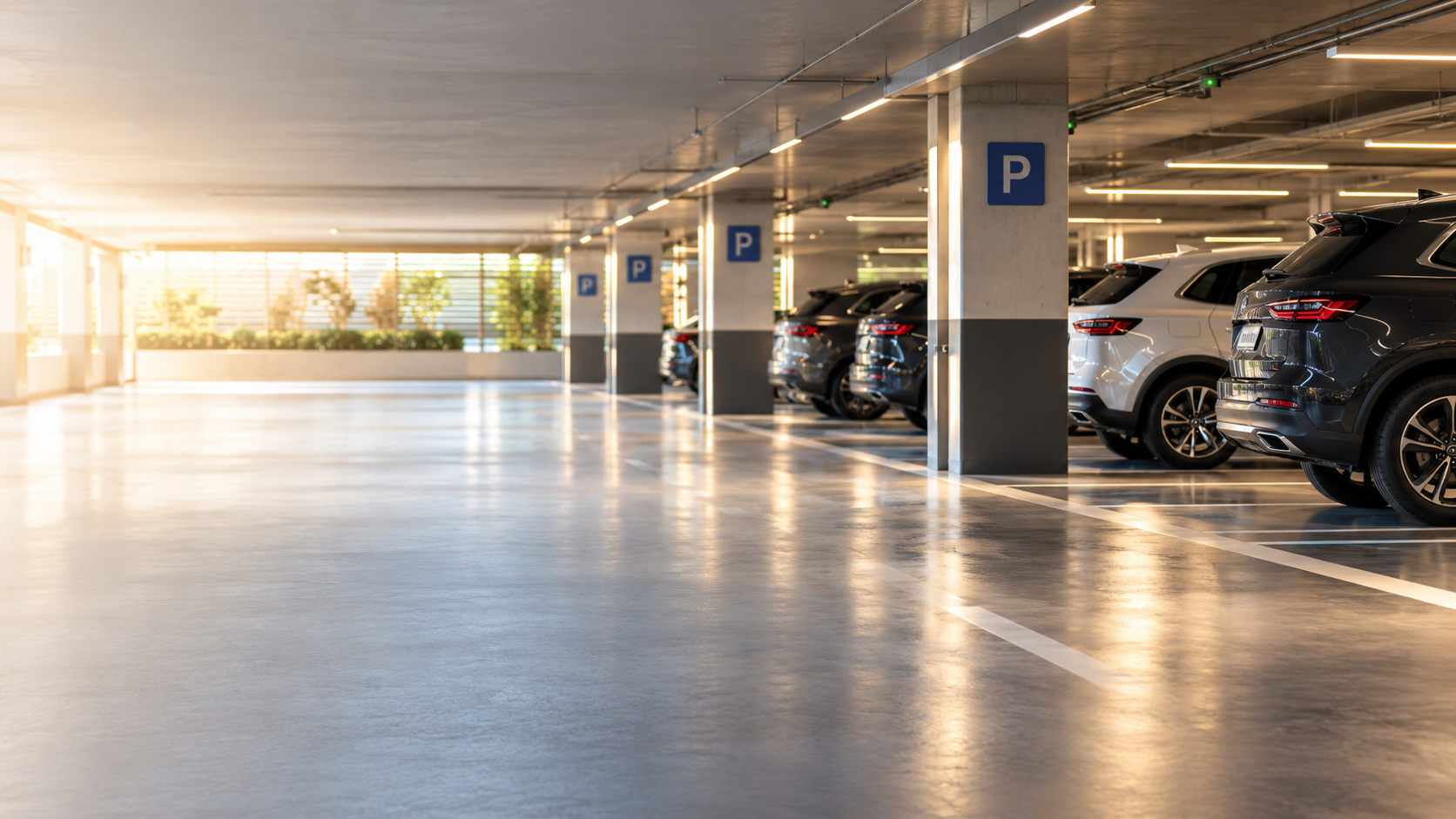 Autorimessa moderna con posti auto ordinati e illuminazione luminosa